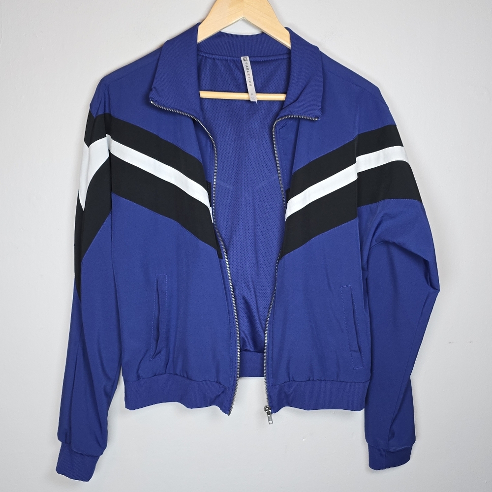 Fabletics Women's Augustus Retro Zip Up Jacket Chevron Stripe Blue Activewear M